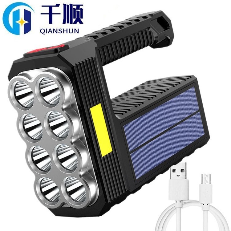 Strong Light Flashlight 8 Led Lights Source Flashlamp With Cob Side Light Usb/solar Rechargeable Lantern Portable Torch