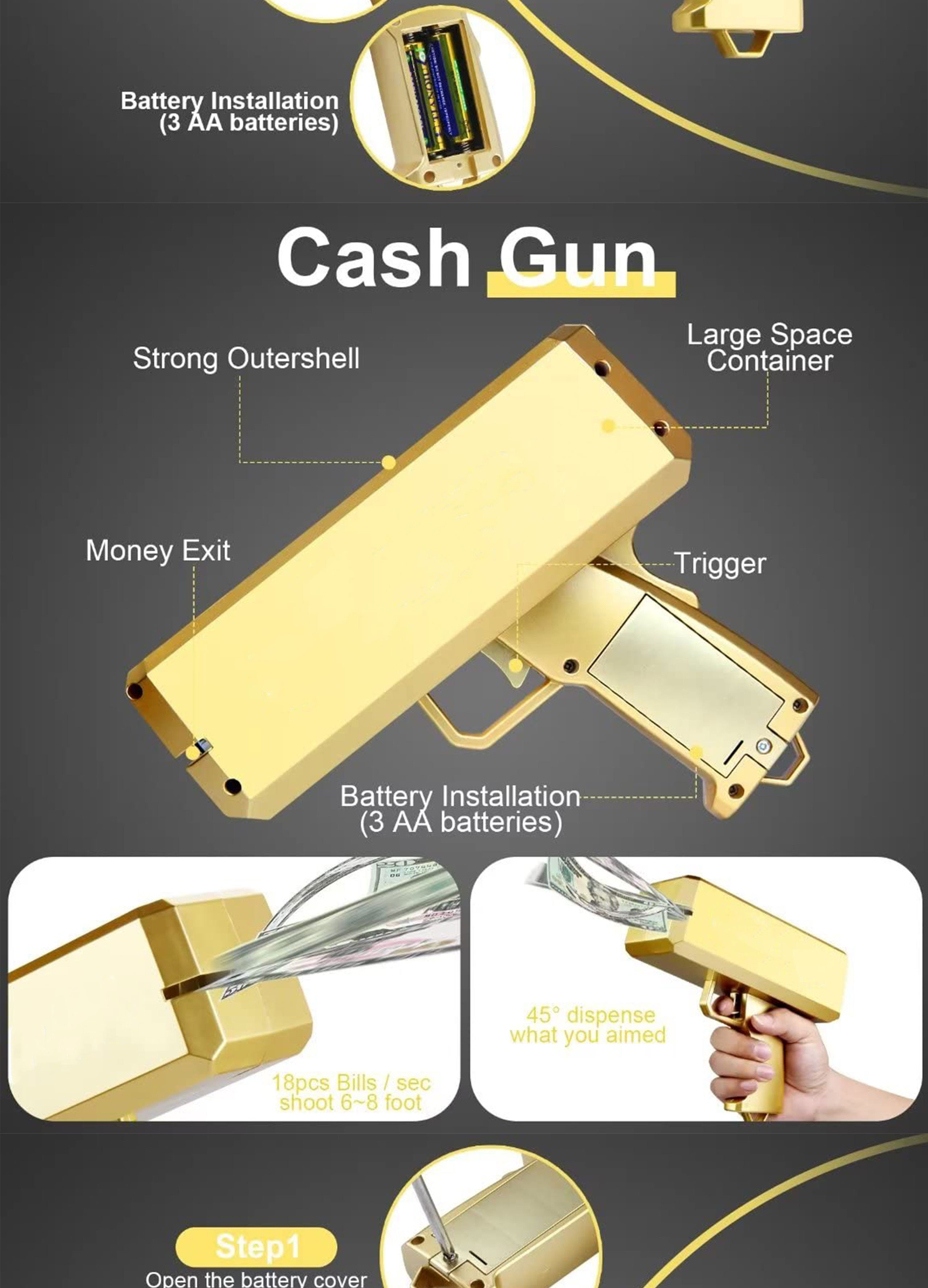 2023 Gold Money Gun Make Cash Money Rain Super Plastic Gun Toy Shot Spray Real Golden Money Toy  Gun for Party Custom Logo