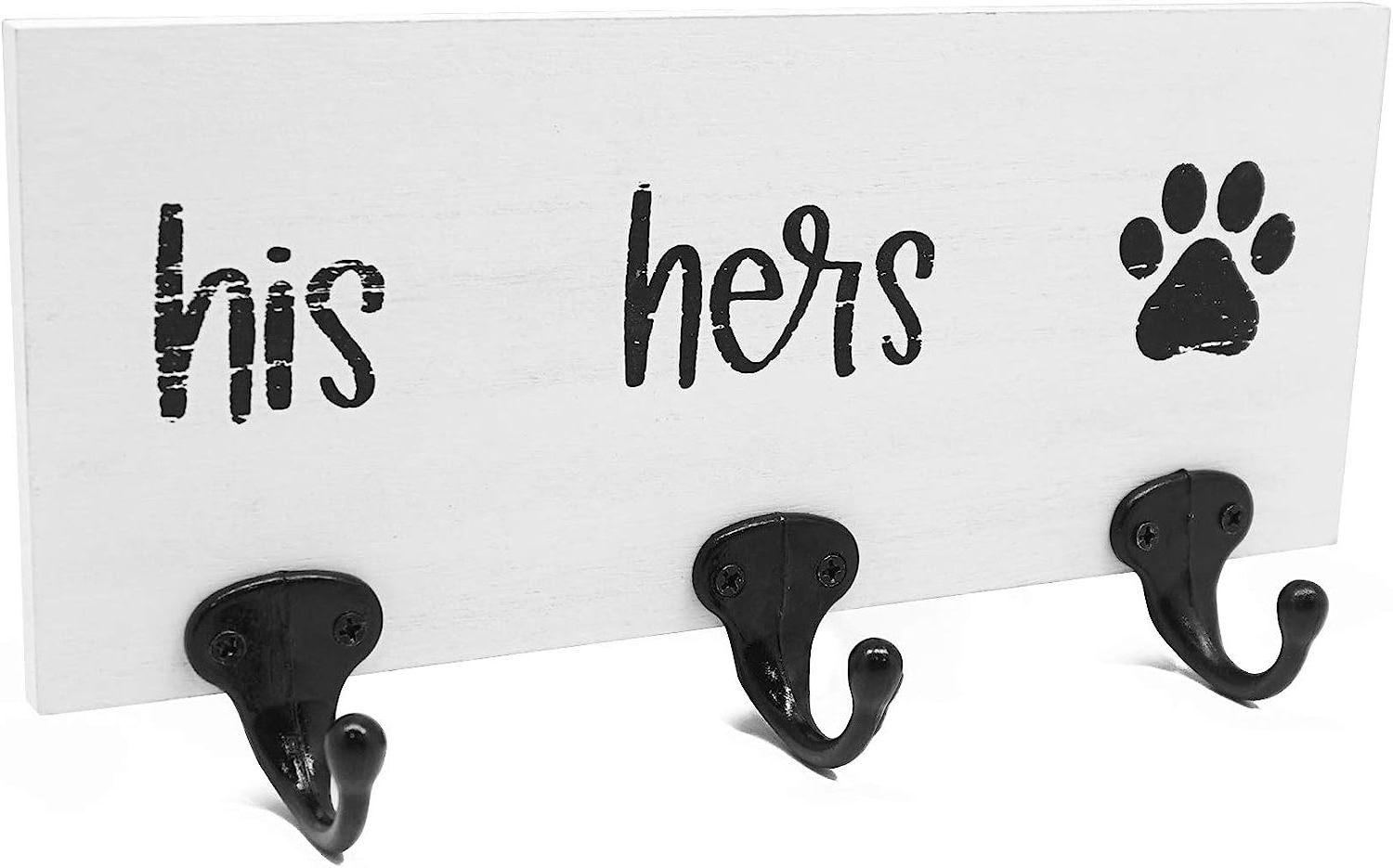 Decorative Key Holder & Dog Leash Hook Wall Mount for Entry Way Kitchen Mudroom His Hers & Paw Print Triple Hook