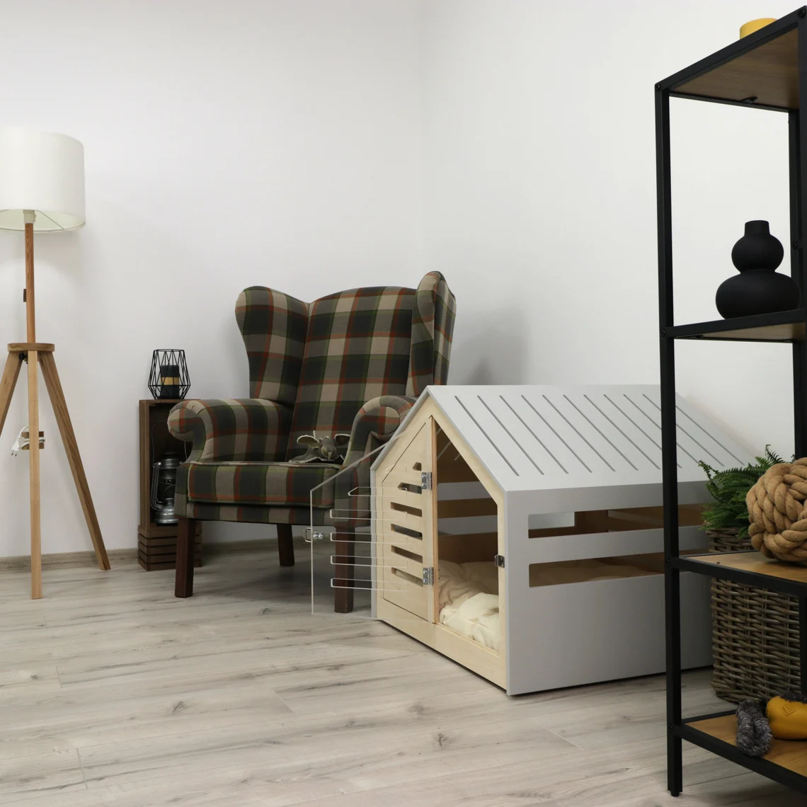 Modern designed dog crate with acrylic door with a latch for large and small dogs