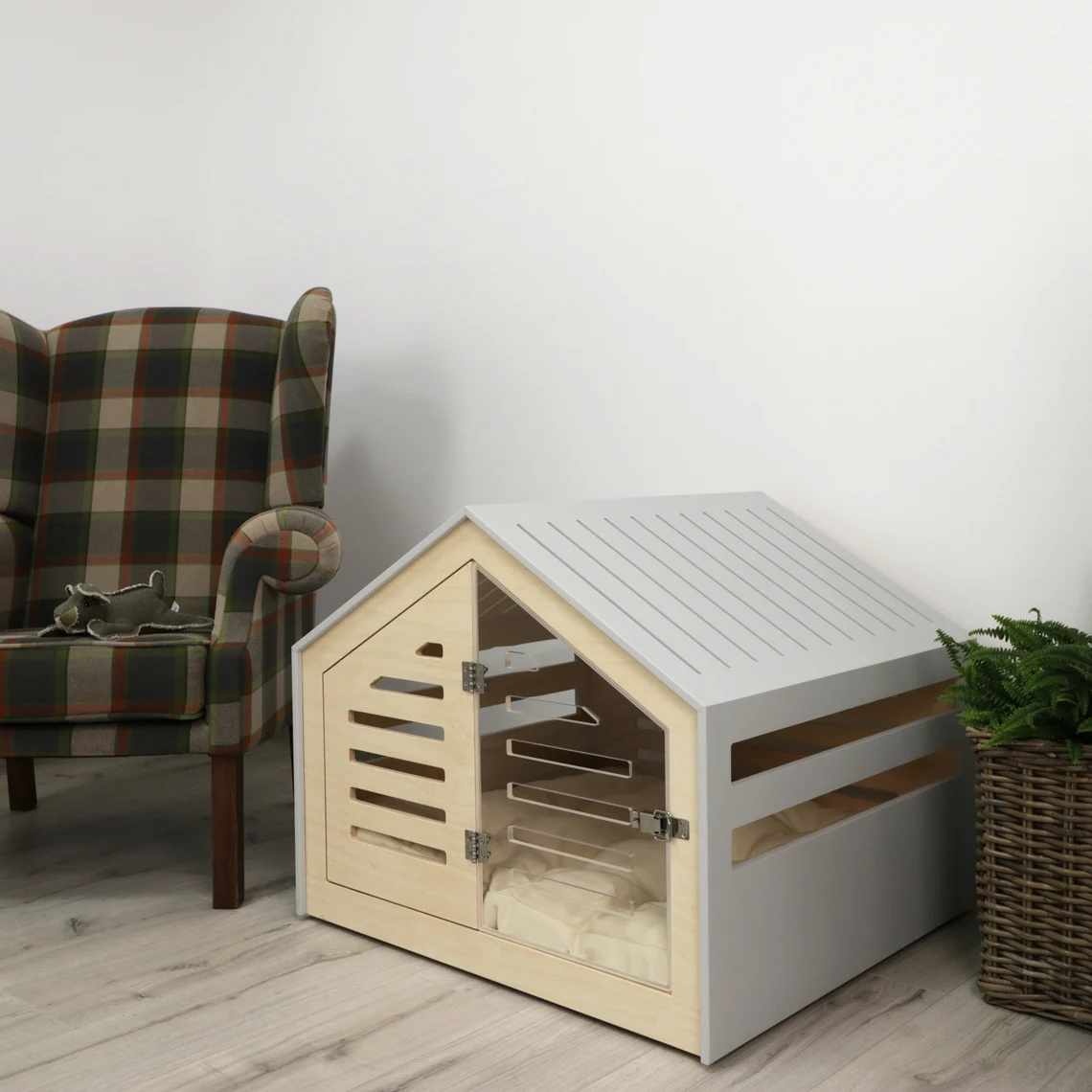 Modern designed dog crate with acrylic door with a latch for large and small dogs