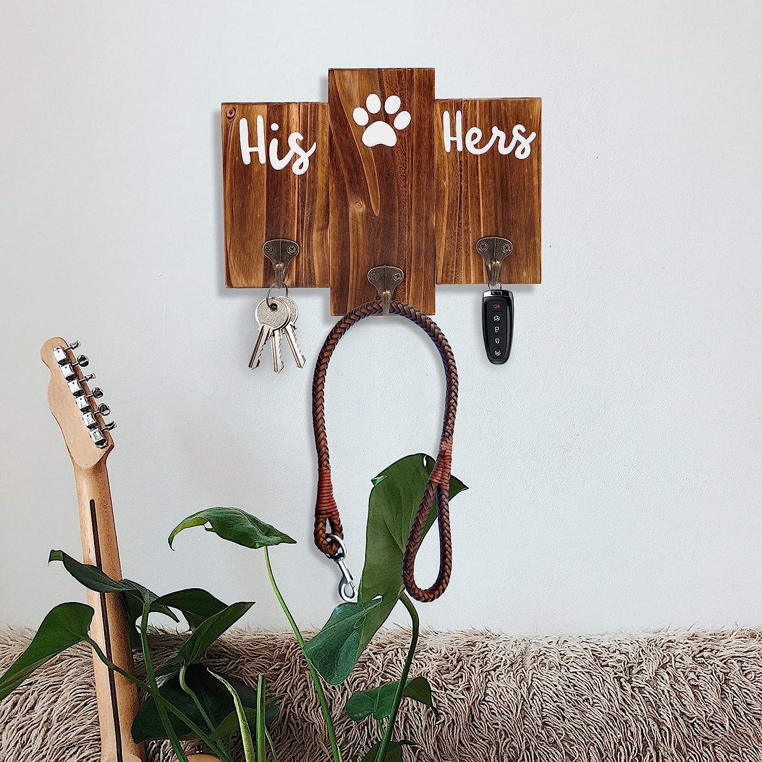 Dog Hanger Unique Key Holder and Dog Leash Hanger with 3 Hooks for Wall Rustic Decor for Entryway