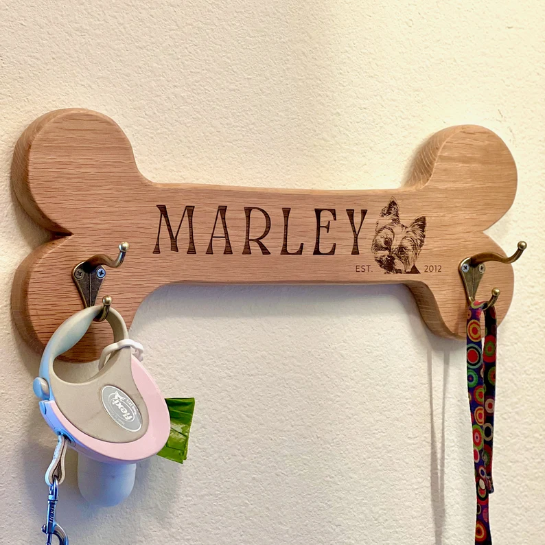 Dog Leash holder for wall Personalized dog leash hanger Solid wood bone for leash Gift for dog moms