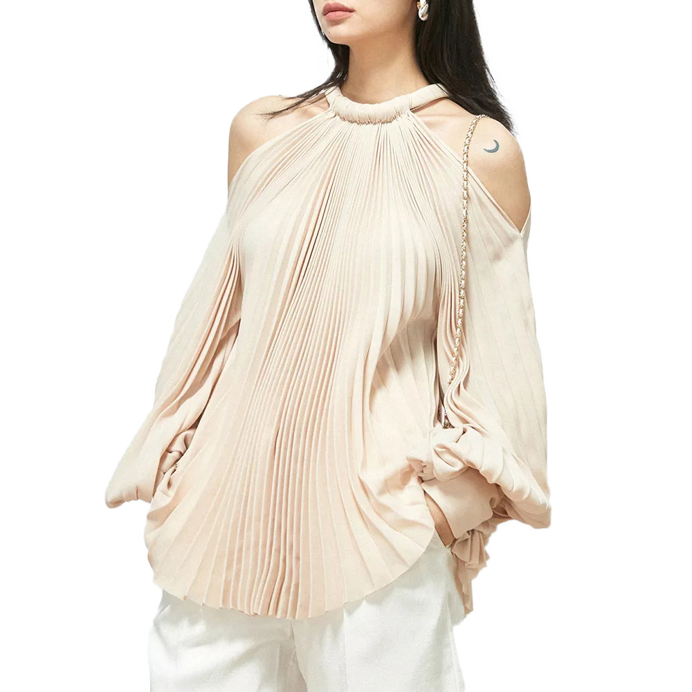 Loose Shirt For Women Halter Collar Lantern Sleeve Ruched Solid Blouses Female