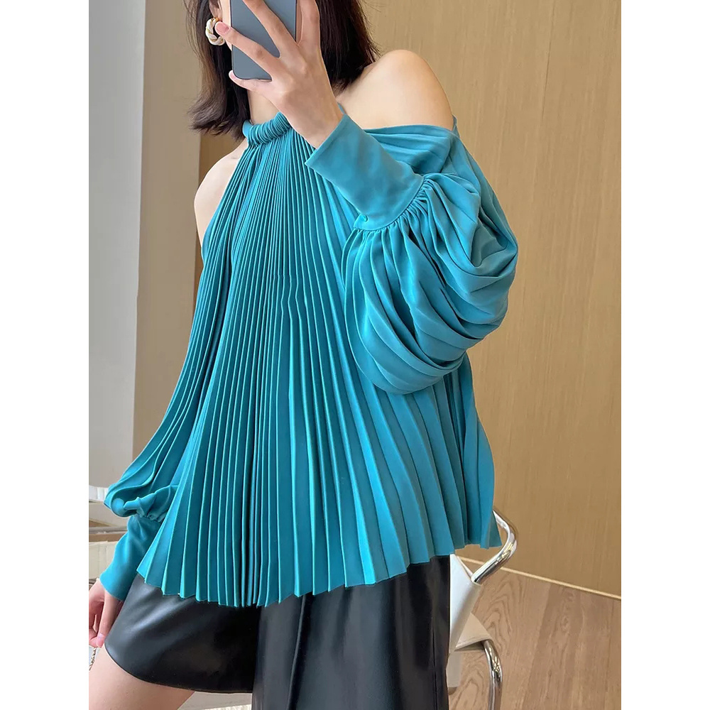 Loose Shirt For Women Halter Collar Lantern Sleeve Ruched Solid Blouses Female