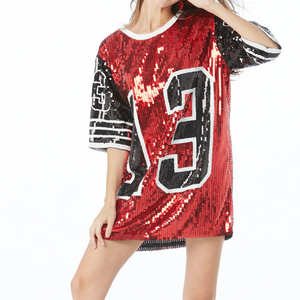 Custom Sparkling Sequin Dress Beaded basketball Jersey Women Casual Hip Hop T Shirt Dresses