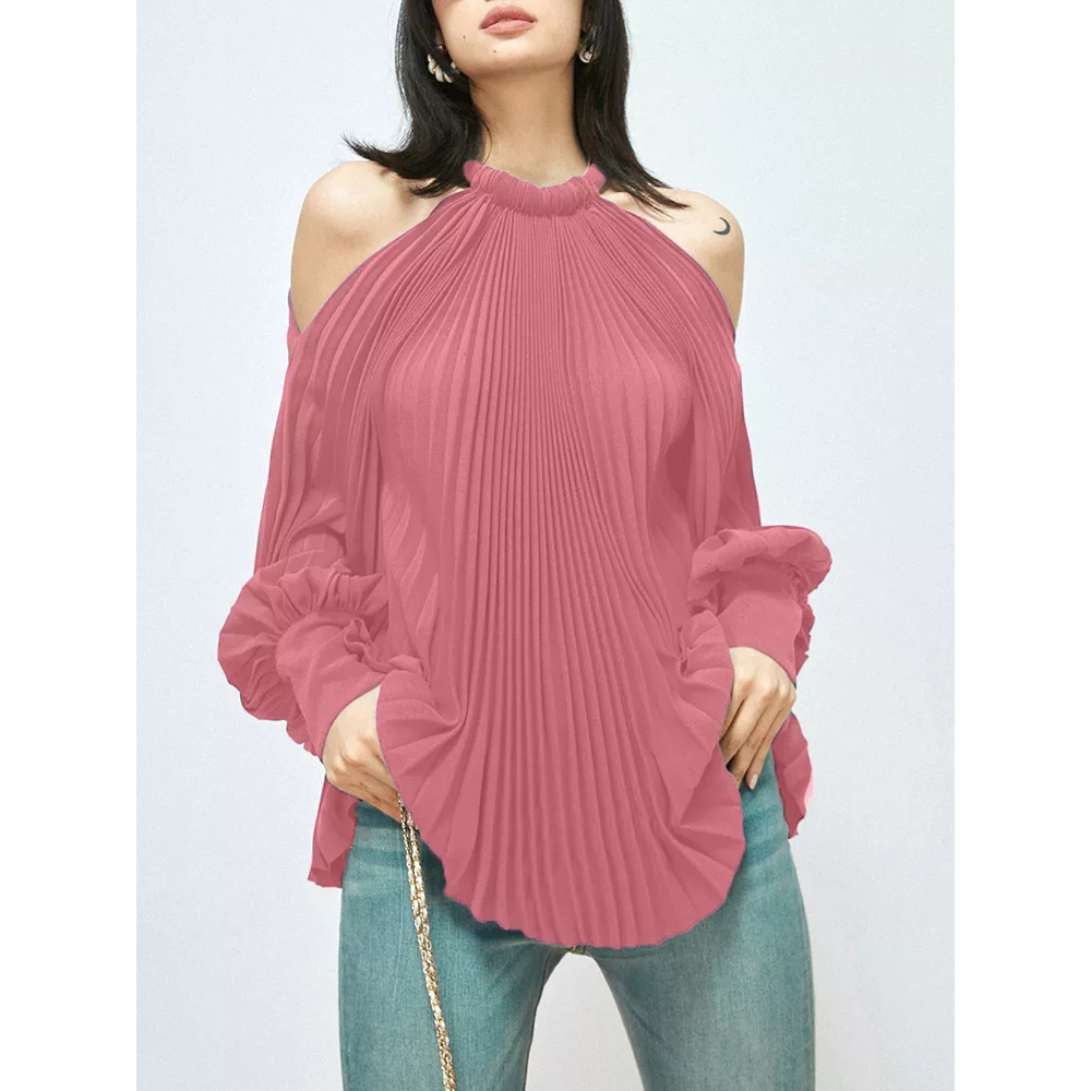 Loose Shirt For Women Halter Collar Lantern Sleeve Ruched Solid Blouses Female