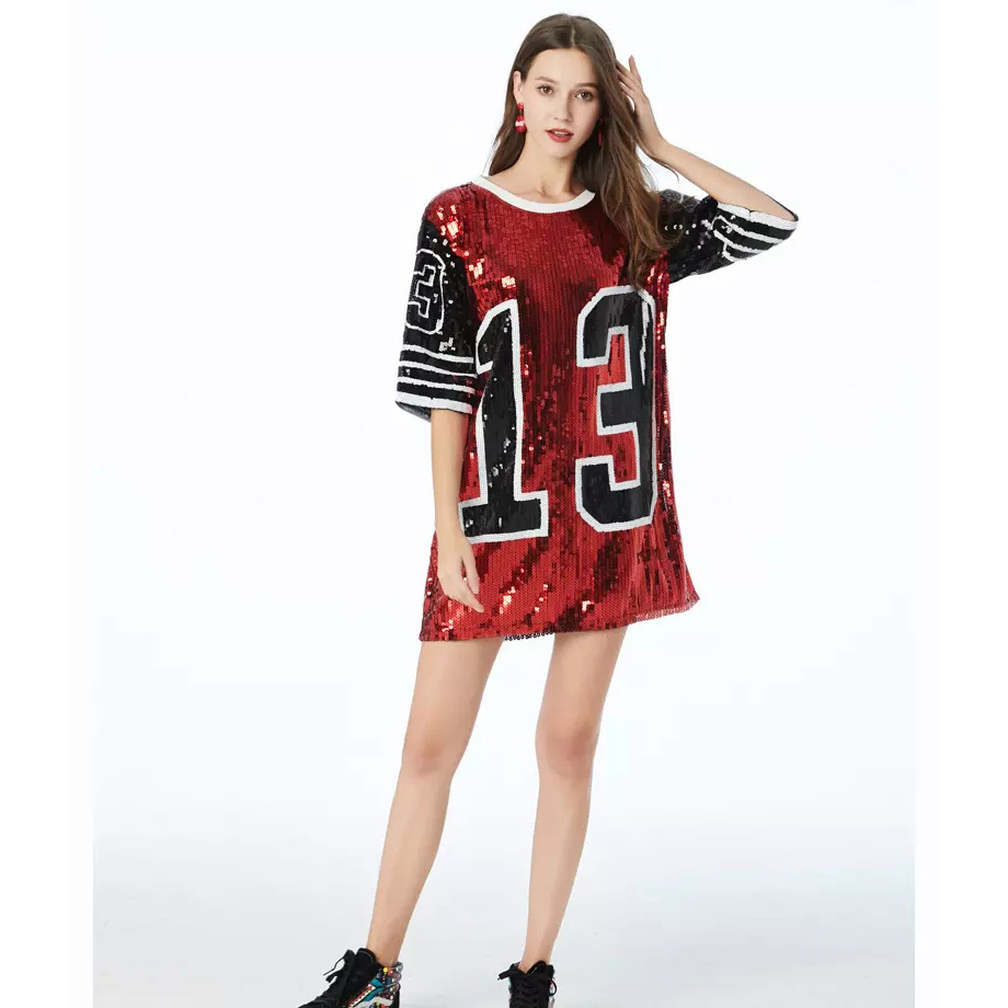 Custom Sparkling Sequin Dress Beaded basketball Jersey Women Casual Hip Hop T Shirt Dresses