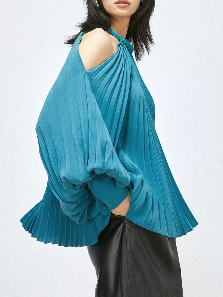 Loose Shirt For Women Halter Collar Lantern Sleeve Ruched Solid Blouses Female