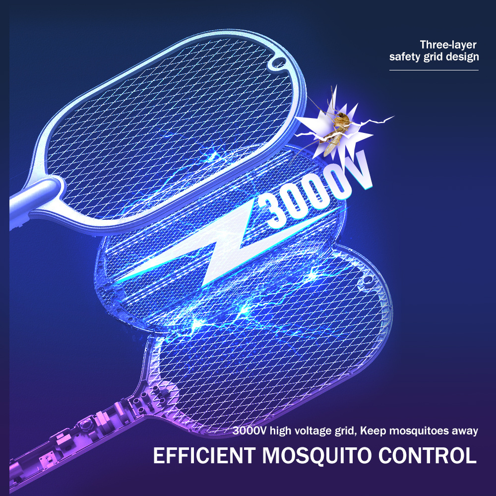 Electric Fly Swatters 3000V Indoor Outdoor Bug Zapper Rackets Rechargeable Mosquito Killer Racket for Home