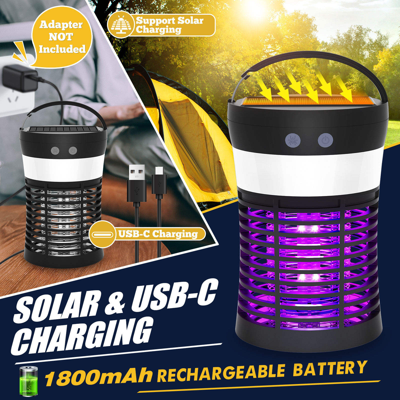 2 in 1 Rechargeable Battery Electric Bug Zapper Portable Outdoor Solar Mosquito Killing Lamp