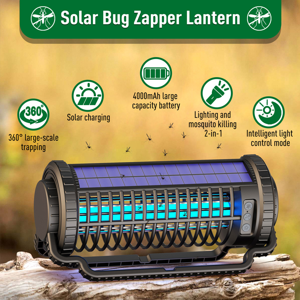 2 in 1 Solar Powered Rechargeable Battery Mosquito Killing Lamp Non-Toxic UV Electric Mosquito Killers with LED Light