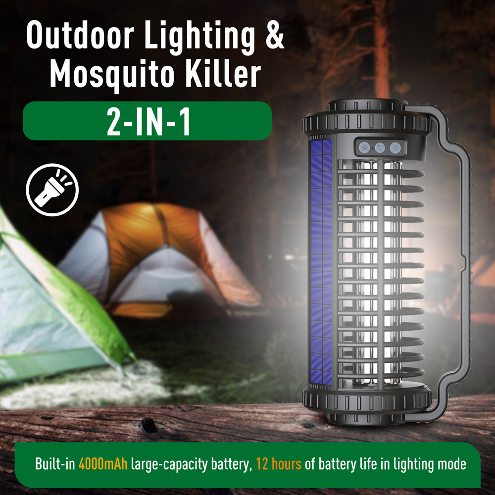 2 in 1 Solar Powered Rechargeable Battery Mosquito Killing Lamp Non-Toxic UV Electric Mosquito Killers with LED Light