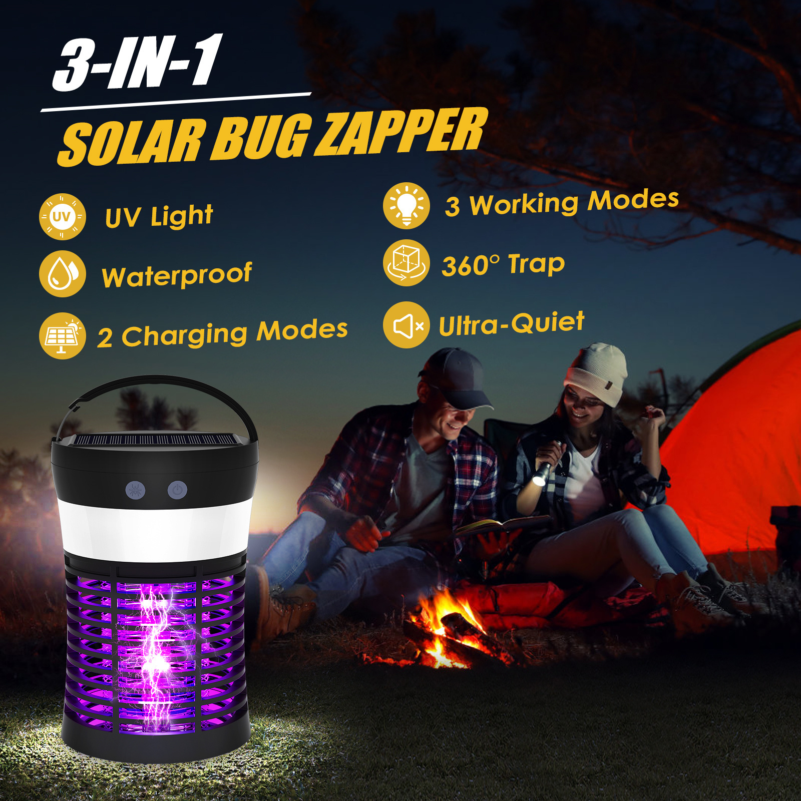 2 in 1 Rechargeable Battery Electric Bug Zapper Portable Outdoor Solar Mosquito Killing Lamp