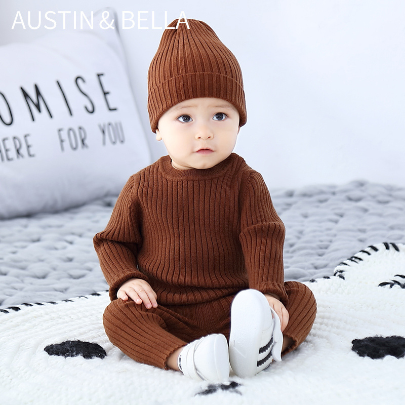 Wholesale boutique baby clothes custom logo 3 piece set baby boys' sweaters chunky crochet custom knitted baby winter clothes