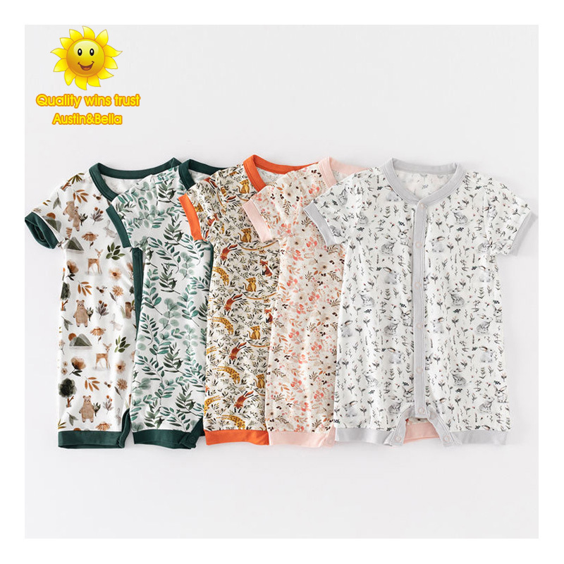 RTS High Quality Wholesale custom summer short sleeve baby bamboo romper new born printed jumpsuit Toddler Clothes  7005