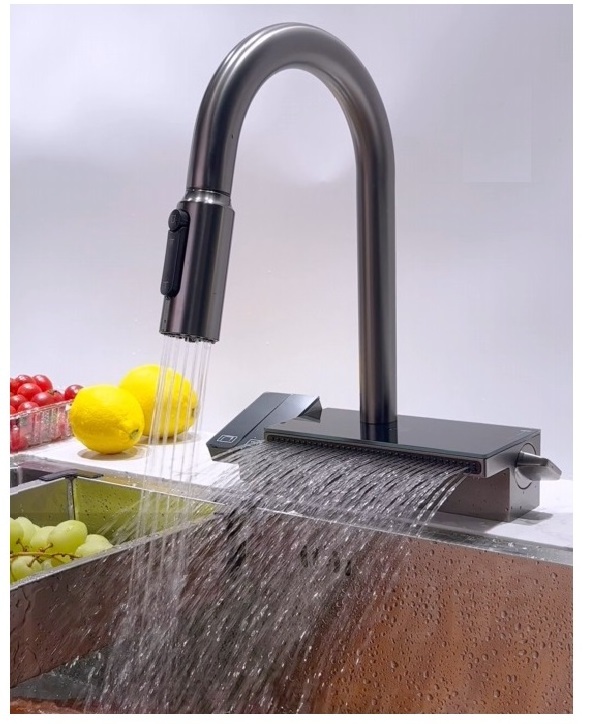 Design Waterfall Outlet Gun Gray Stain Kitchen Faucet Fly Water New Brass Modern Contemporary Ceramic Laser Print Logo for FREE