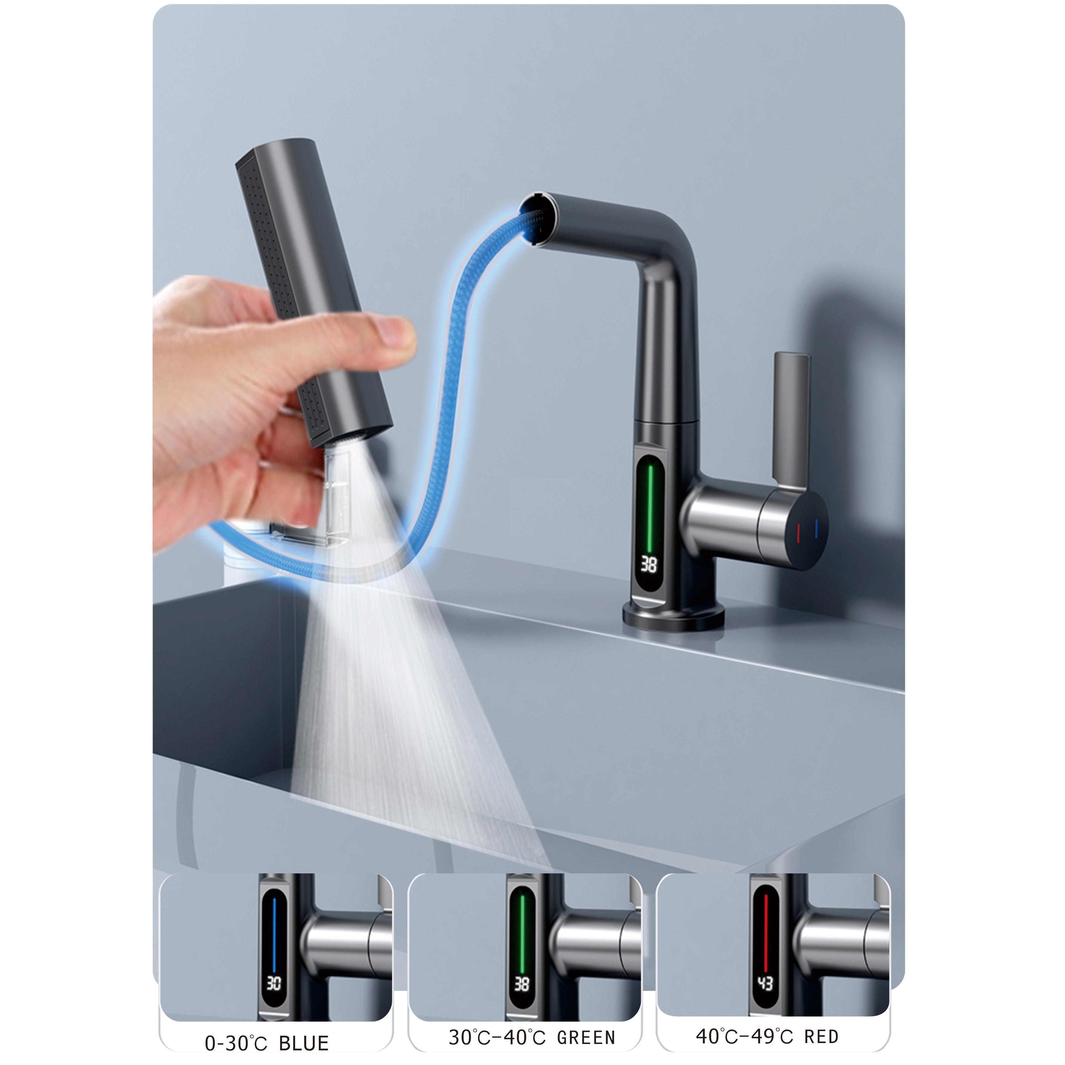 Smart Digital Display Waterfall Extend Pull Out Luxury Bathroom Sets Smart Faucets