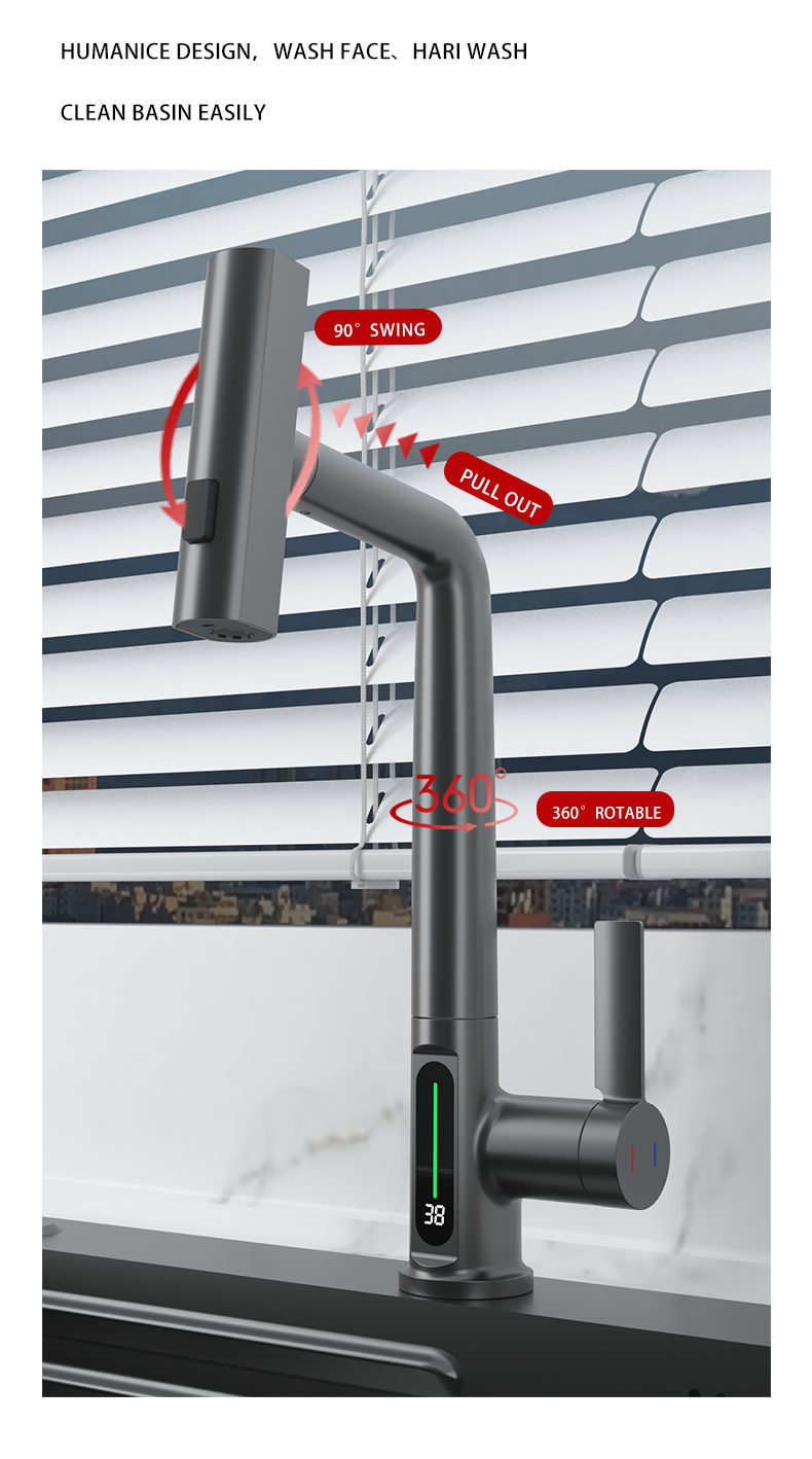 Smart Display Pull Out Digital Display Waterfall Rainfall Sprayer Kitchen Mixer Tap Modern Faucet