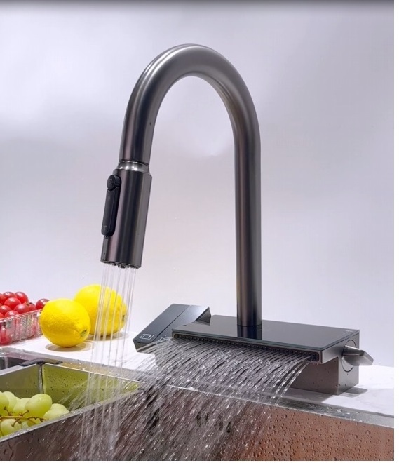 Brand New Black Sink Scratch Resistant Vegetable Kitchen Sink Over Mount Waterfall Faucet Brass Modern Contemporary Ceramic