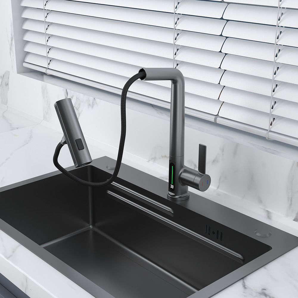 Smart Kitchen Sink And Faucet Rain Digital Faucet Brushed Grey Kitchen Mixer Waterfall Kitchen Sink Digital