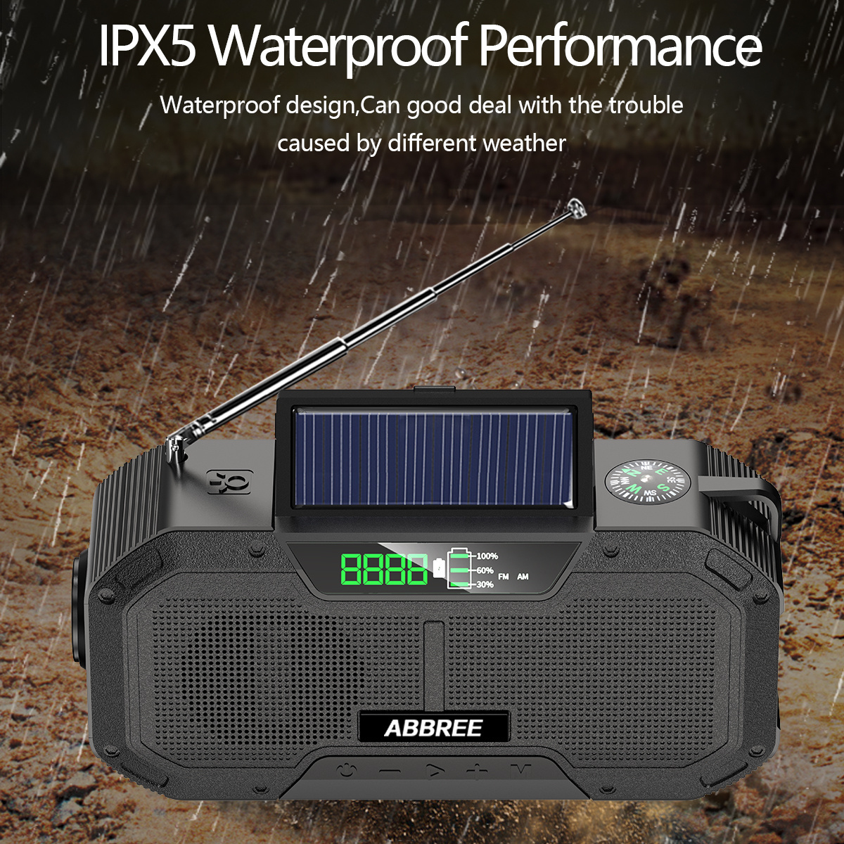 ABBREE IPX5 Waterproof Multifunctional Emergency Radio Auto Scan AM/FM/NOAA Weather Radio with USB Cell Phone Charger SOS