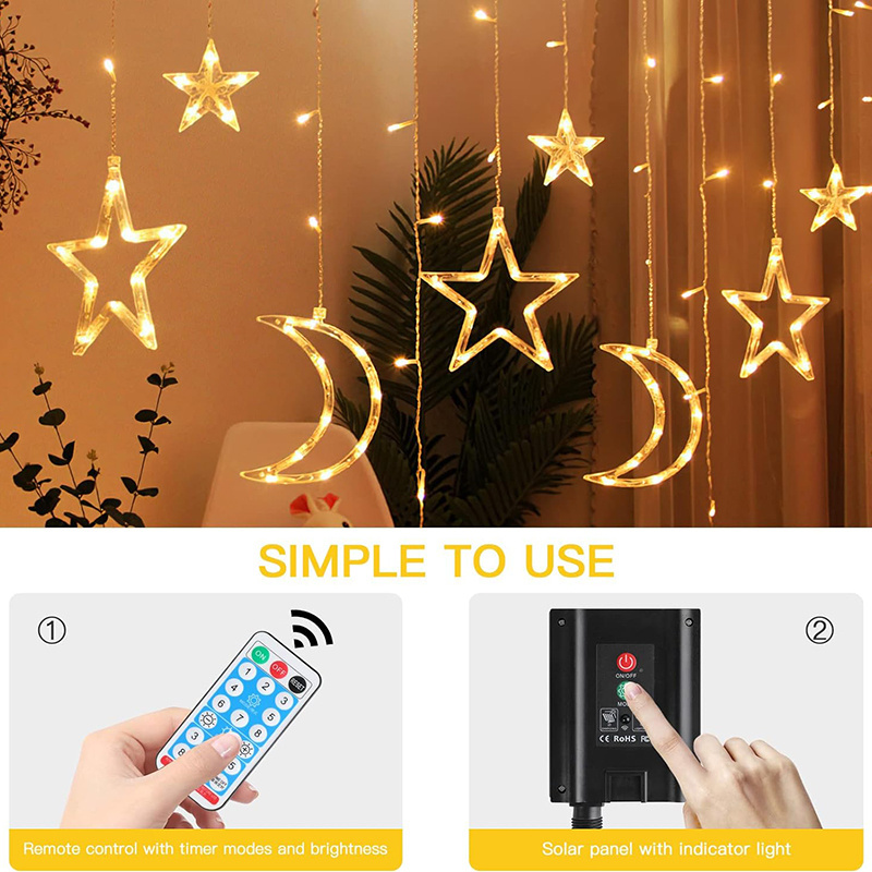 Solar Electric Battery Operated Moon and Star Fairy Lights Christmas Outdoor Waterproof Curtain Lights Led Curtain String Light