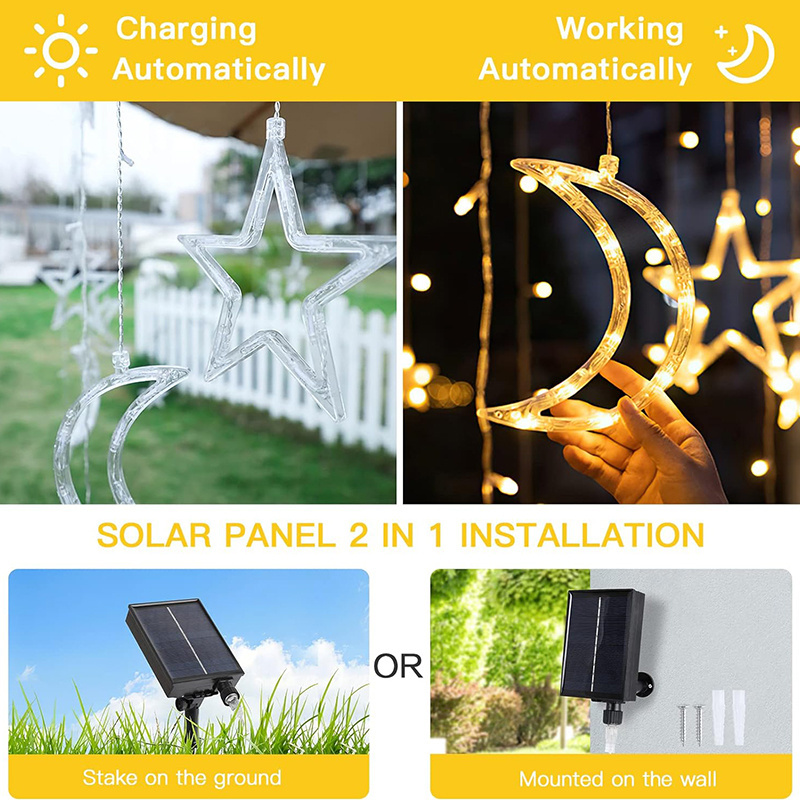 Solar Electric Battery Operated Moon and Star Fairy Lights Christmas Outdoor Waterproof Curtain Lights Led Curtain String Light