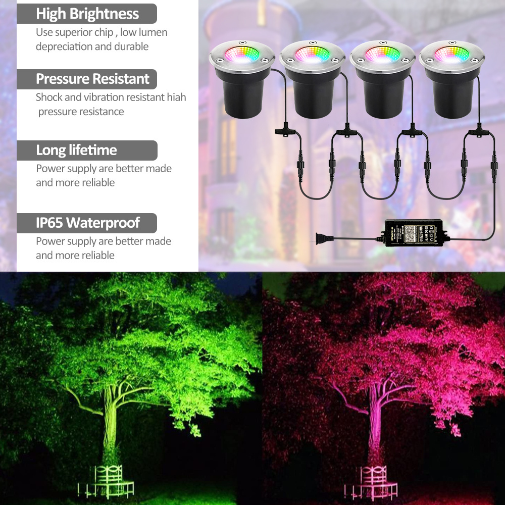 OEM ODM LED Inground Light Smart WIFI APP RGB Color Changing Remote IP65 Waterproof Buried Lamp Recessed LED Underground Lights