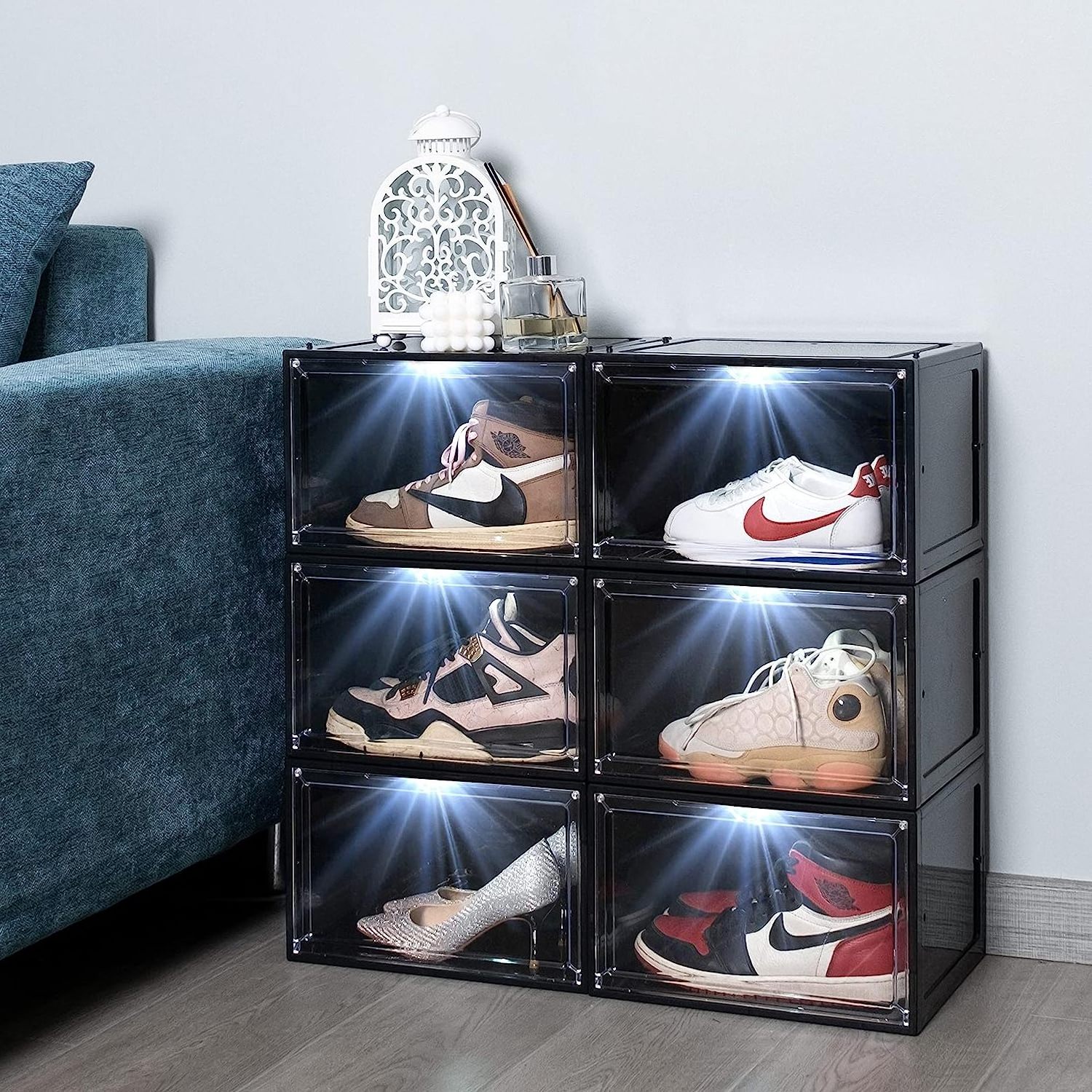 China Wholesale Plastic Sneaker Box Storage Shoe Box Voice Sensor Control LED Transparent Stackable Plastic Shoe Box Storage