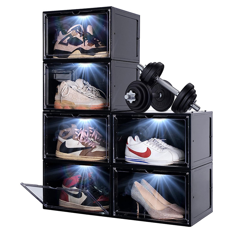 China Wholesale Plastic Sneaker Box Storage Shoe Box Voice Sensor Control LED Transparent Stackable Plastic Shoe Box Storage