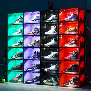 China Wholesale Plastic Sneaker Box Storage Shoe Box Voice Sensor Control LED Transparent Stackable Plastic Shoe Box Storage