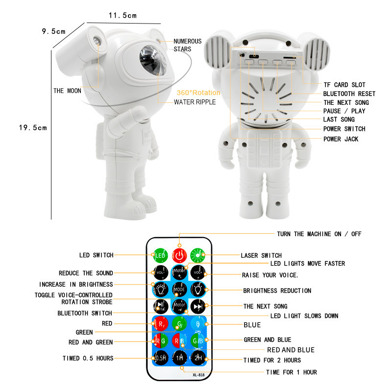 Astronaut Projector Lamp Music Speaker Star Moon Nebula Ceiling Night Light Space Timer Led Astronaut Galaxy Projector Lighting