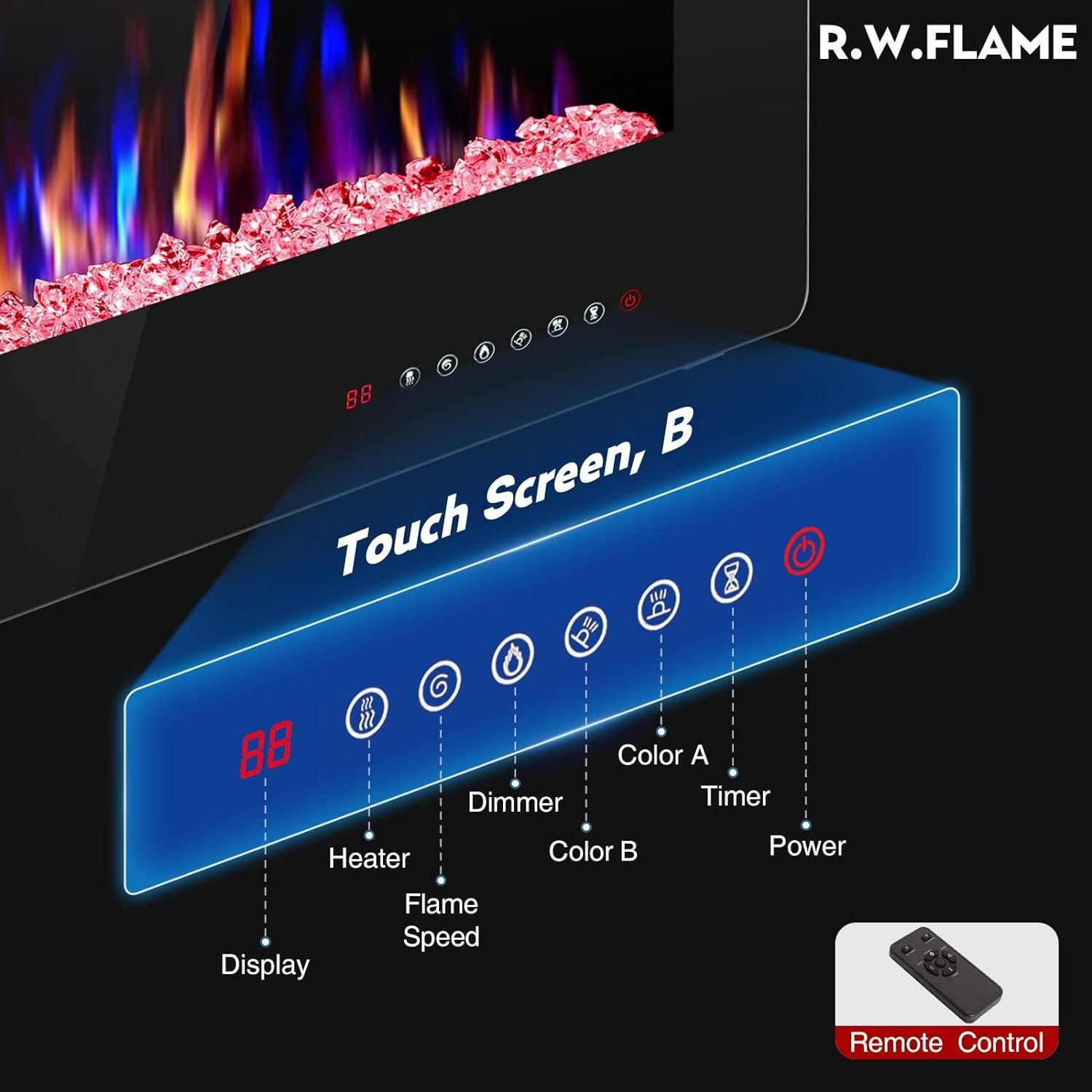 LED Fireplace Electric Heater Remote Control TV Stand Flame Insert Modern Color Changing LED Electric Fireplaces Wall Mounted