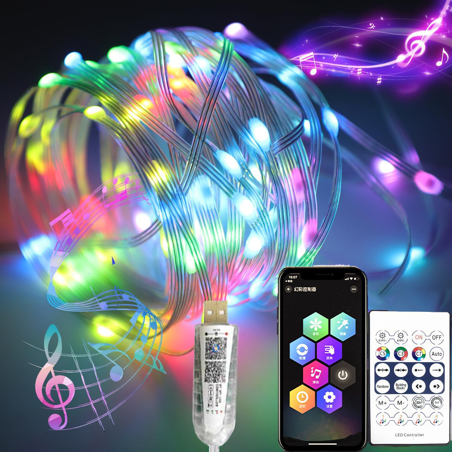 USB Solar Battery Operated Light String Warm White RGBWW Outdoor Patio Garden APP Remote Control Waterproof LED Fairy Lights