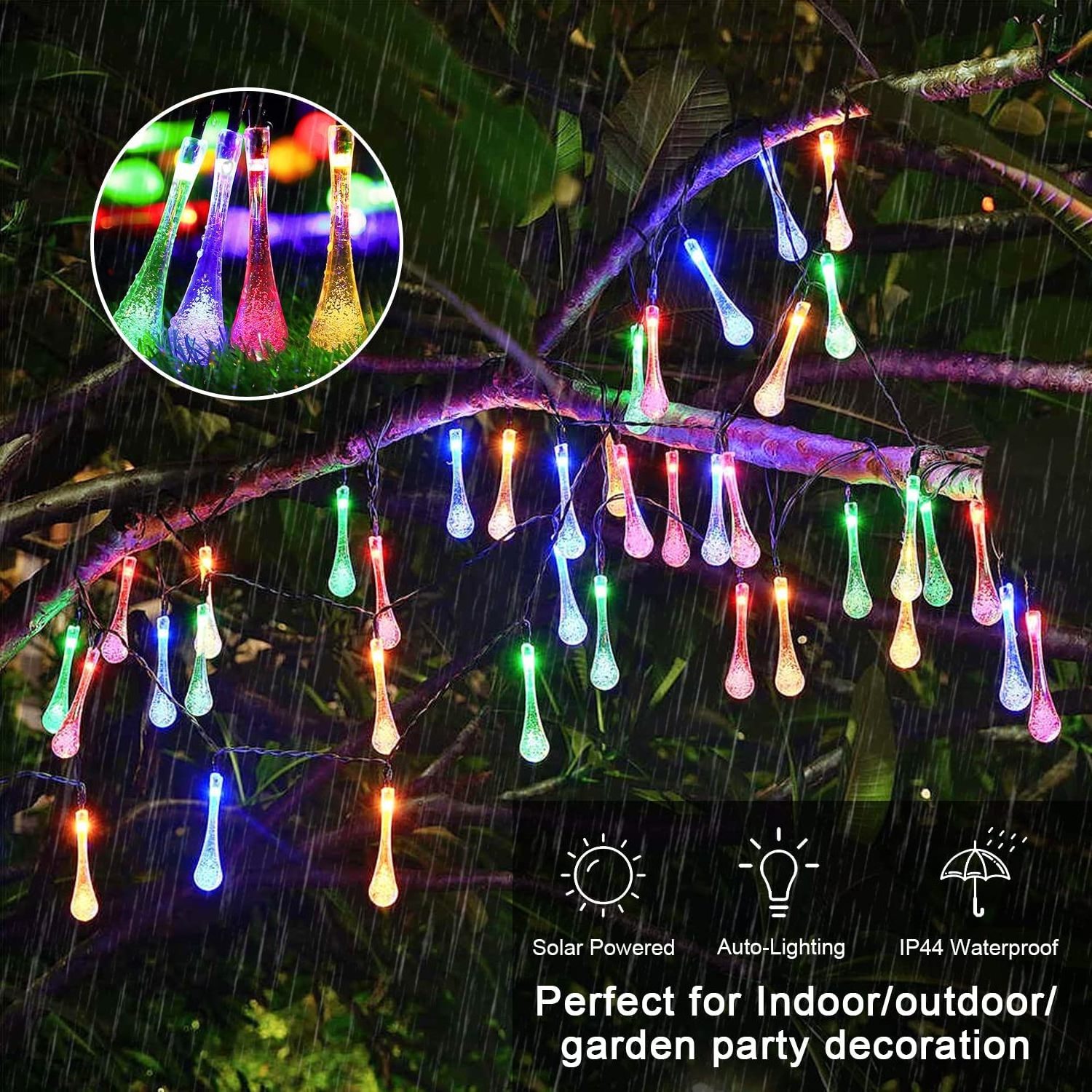 OEM Holiday Fairy Water Droplets Bubble LED Light Strings Garland Crystal Decorative Waterproof Solar Christmas Lights Outdoor