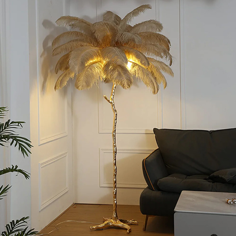 ODM Wholesale Modern Nordic Ostrich Feather Lamp Floor Resin Bedroom Hotel Reading Desk Lamps Bedside Ostrich Feather Floor Lamp