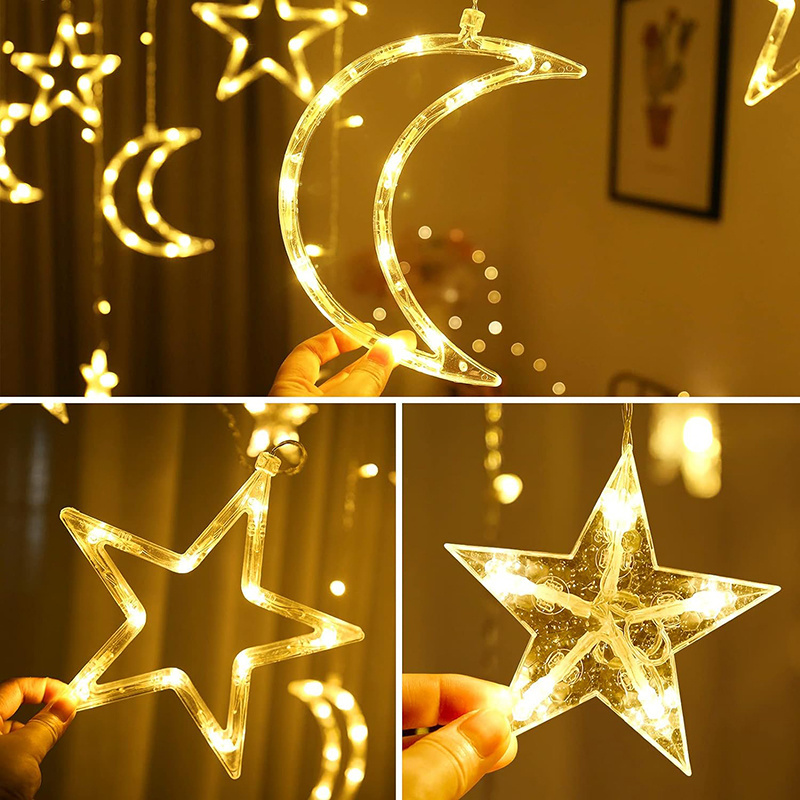 Solar Electric Battery Operated Moon and Star Fairy Lights Christmas Outdoor Waterproof Curtain Lights Led Curtain String Light