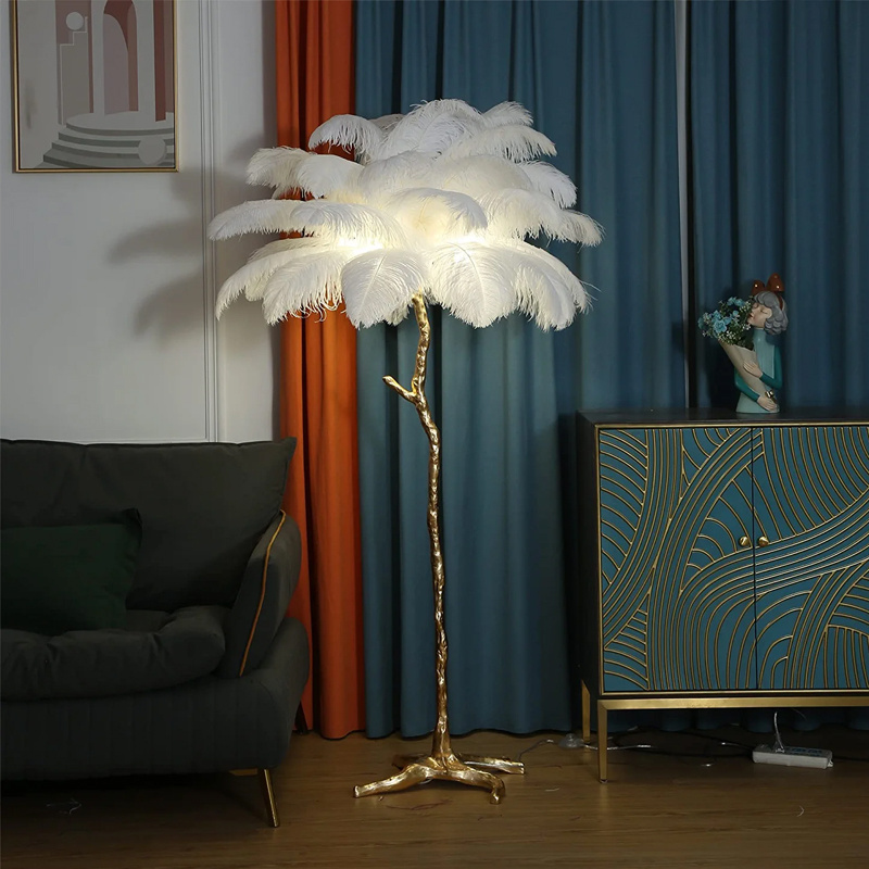 ODM Wholesale Modern Nordic Ostrich Feather Lamp Floor Resin Bedroom Hotel Reading Desk Lamps Bedside Ostrich Feather Floor Lamp