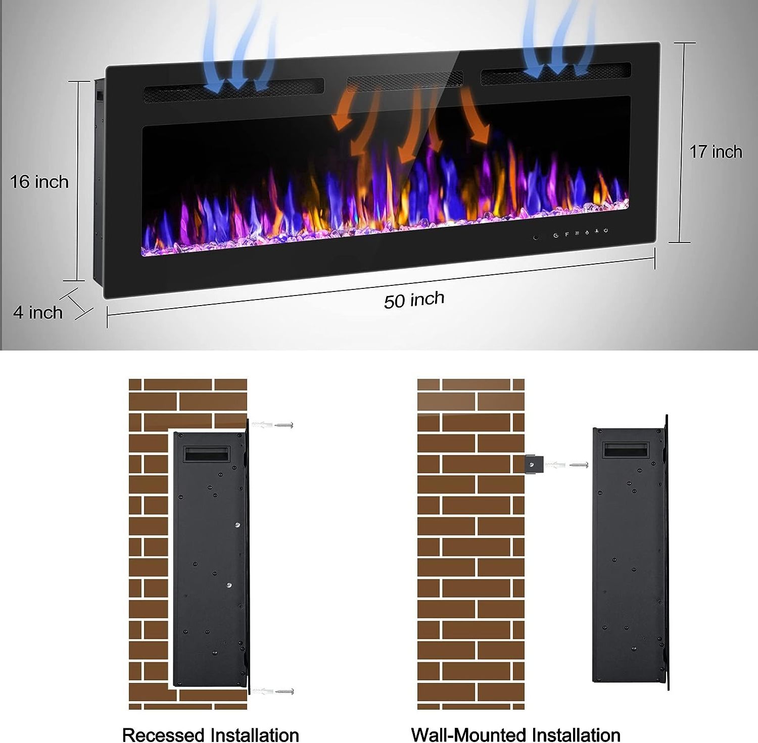 LED Fireplace Electric Heater Remote Control TV Stand Flame Insert Modern Color Changing LED Electric Fireplaces Wall Mounted