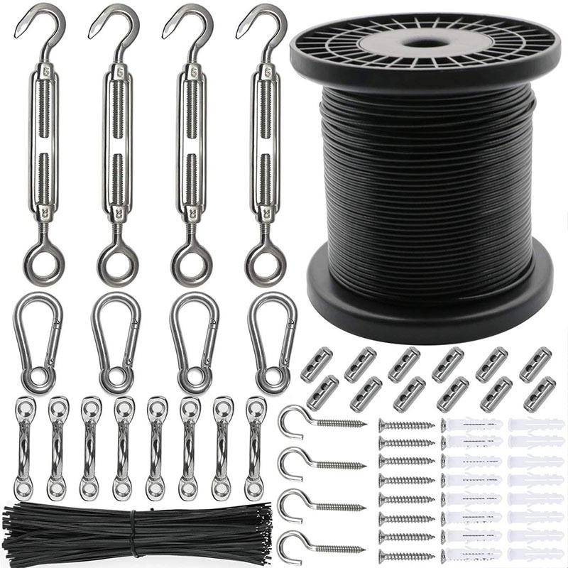 Nylon Coated 304 Stainless Steel Wire Rope String Light Suspension Guide Wire with Turnbuckles Hooks String Light Hanging Kit