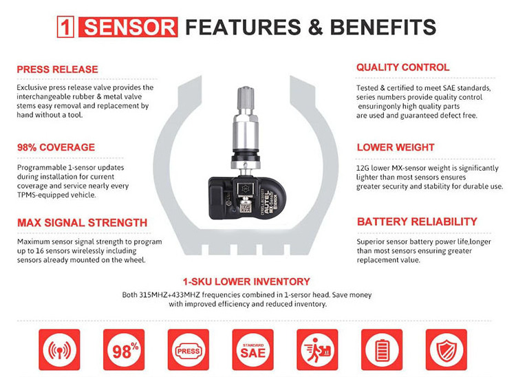 Autel Mx Sensor Replacement Tire Pressure Tpms Sensor433Mhz 315Mhz Tpms Sensor Car Tire Pressure Monitors Sensor