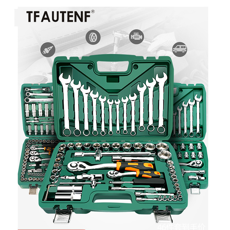 TFAUTENF 121 pc hardware tool case with screwdrivers, sockets, ratchets and solid carryng tool box for home use and auto repair