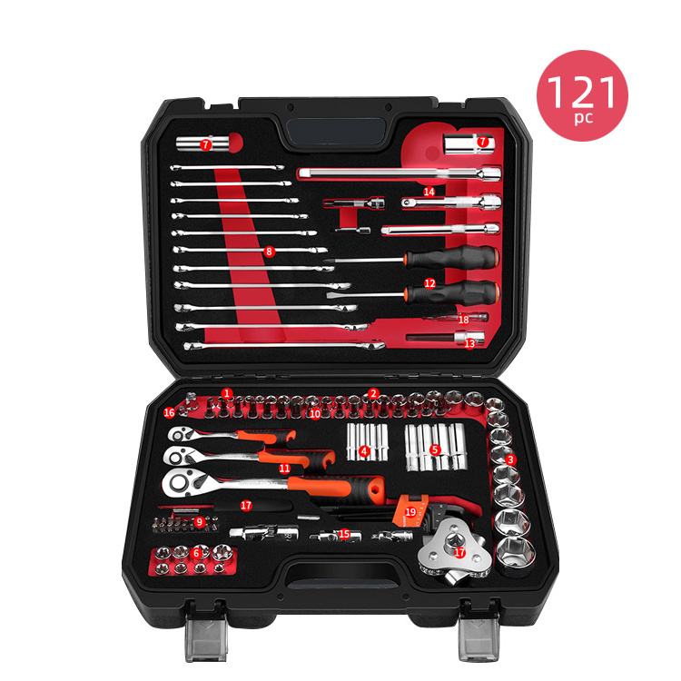 TFAUTENF 121 pc hardware tool case with screwdrivers, sockets, ratchets and solid carryng tool box for home use and auto repair