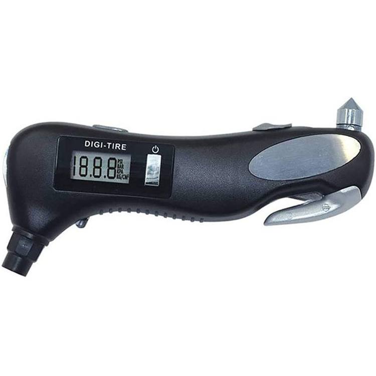 Back Light LCD Digital Display Car Tire Pressure Gauge with Emergency Tools Flashlight Glass Hammer and Seatbelt Cutter