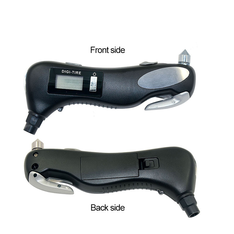 Back Light LCD Digital Display Car Tire Pressure Gauge with Emergency Tools Flashlight Glass Hammer and Seatbelt Cutter