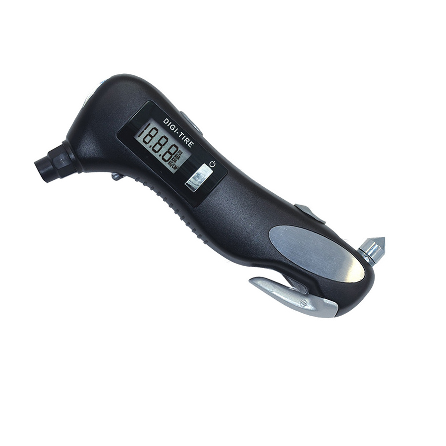 Back Light LCD Digital Display Car Tire Pressure Gauge with Emergency Tools Flashlight Glass Hammer and Seatbelt Cutter