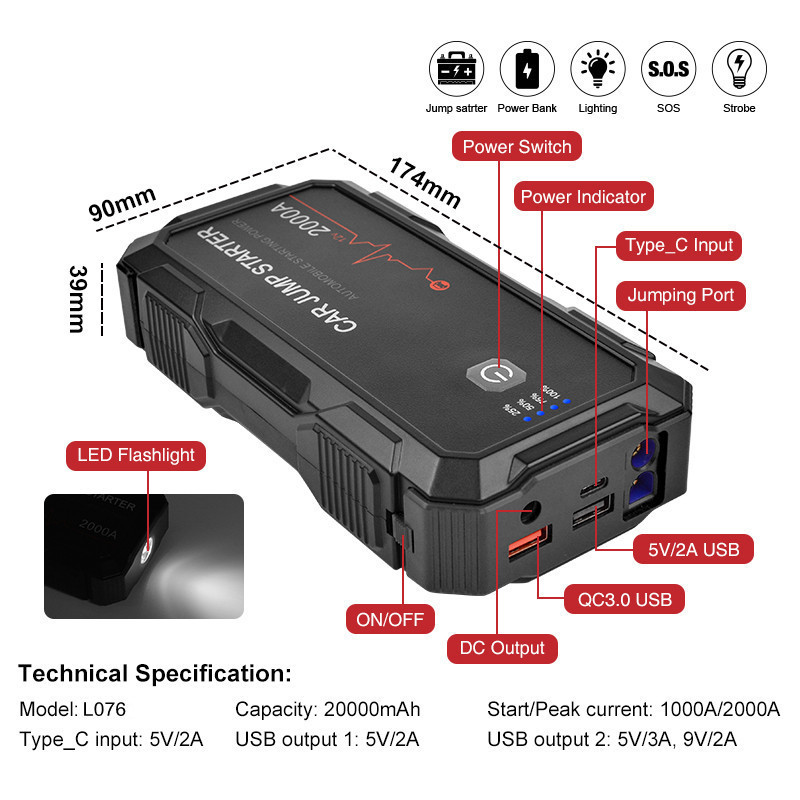 influvac 2024 window breaker 22000mAh 2000A hot sell car jump starter emergency tool kit with tow strap