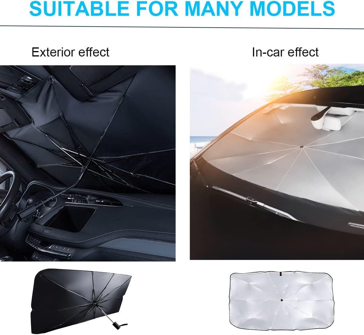 Car Windshield Umbrella, Foldable Front Sunshades Umbrella to Block UV Rays, 360 Rotation Bendable Handle Sun Visor Protect