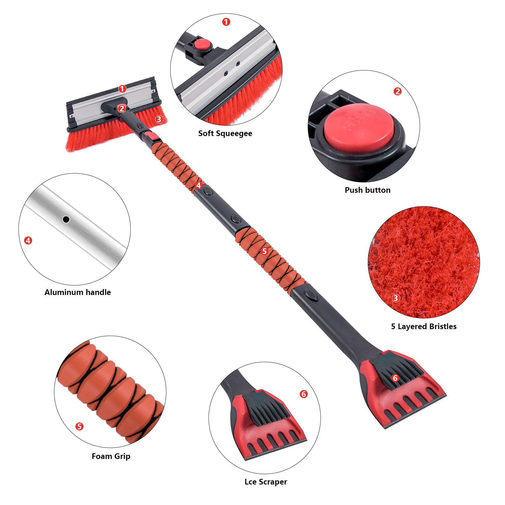 6 in 1180 Degree Rotating Snow Brush Windscreen Ice Scraper Telescopic Car Defrost Shovel Kit Snow Broom